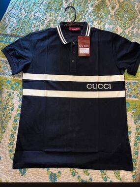 Gucci Men’s Navy Polo with White Stripes